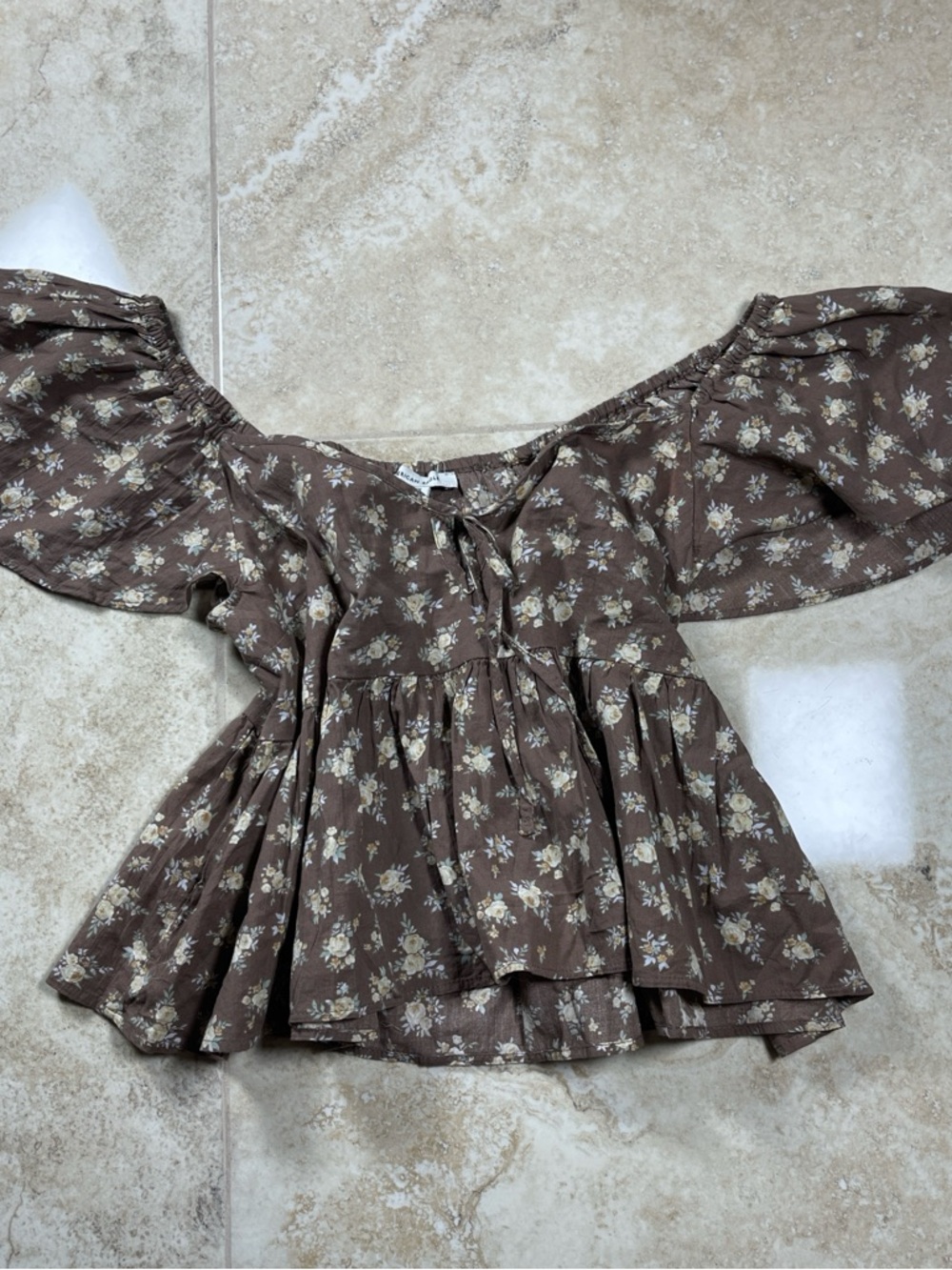 American Eagle Outfitters Brown Floral Peplum Blouse with Cream Print